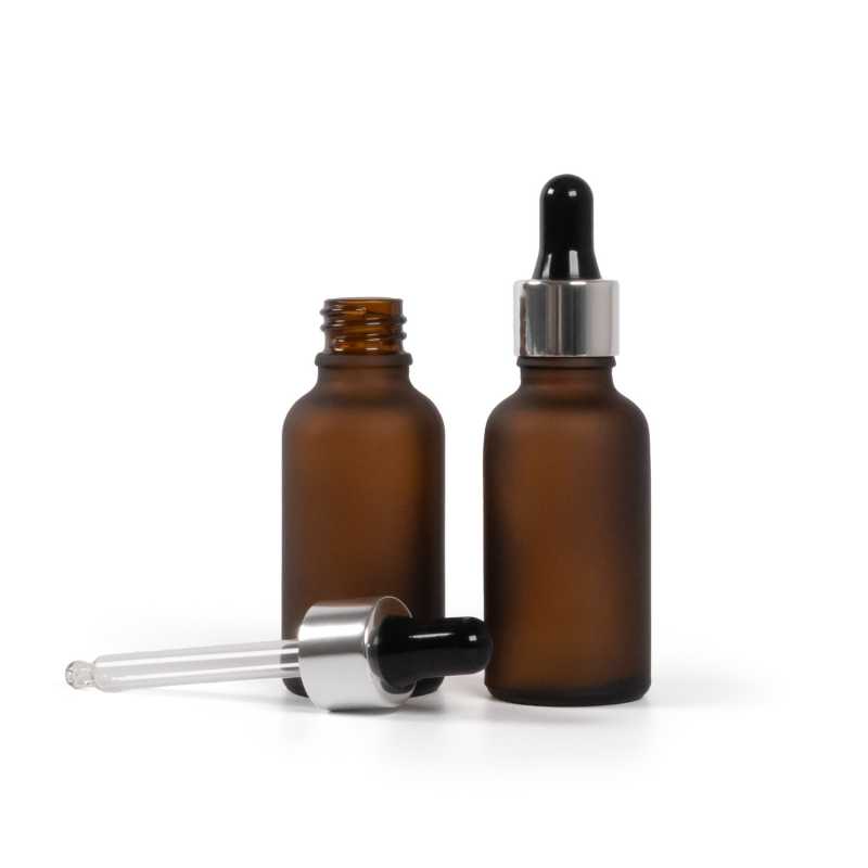 Botella de vidrio ámbar mate, cuentagotas negro plateado brillante, 30 ml