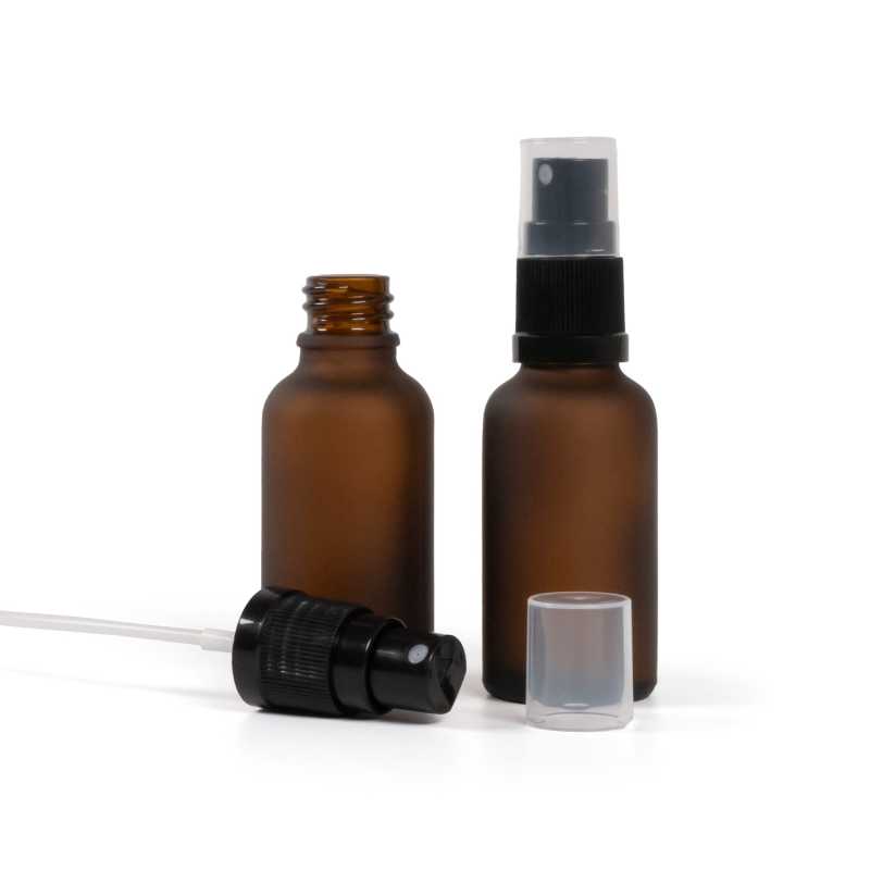 Botella de vidrio ámbar mate, pulverizador negro, 30 ml