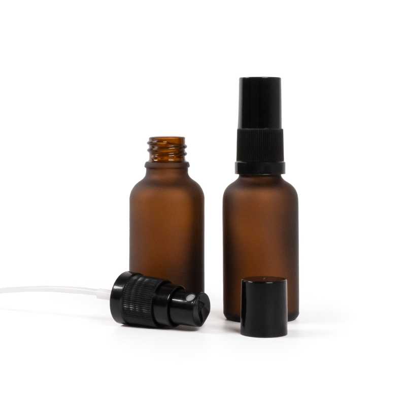 Botella de vidrio, mate, pulverizador negro, tapón negro, 30 ml
