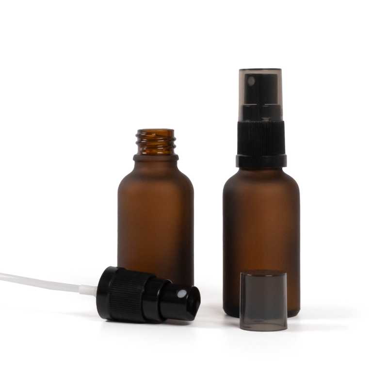 Frasco de vidrio ámbar mate, pulverizador negro, sobretapa ahumada, 30 ml