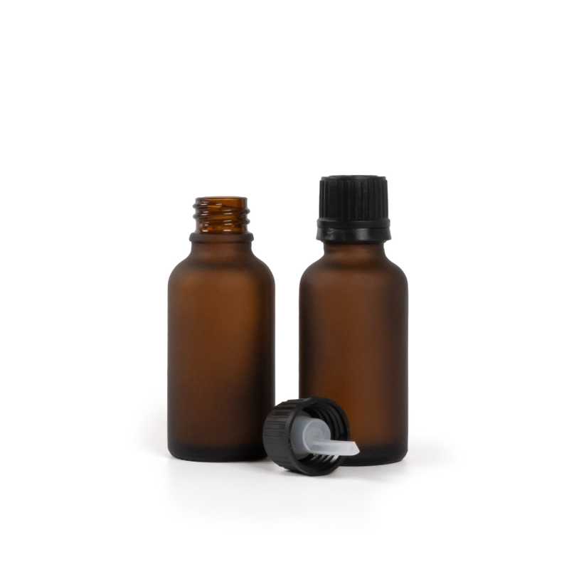 Frasco de vidrio ámbar mate, tapón negro con cuentagotas, 30 ml