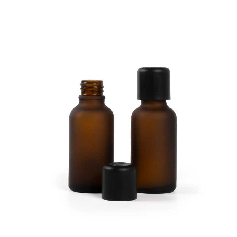 Frasco de vidrio ámbar mate, tapón de seguridad inviolable negro con cuentagotas, 30 ml