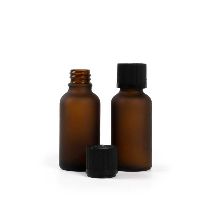 Botella de vidrio ámbar mate, tapón negro de seguridad con cuentagotas, 30 ml