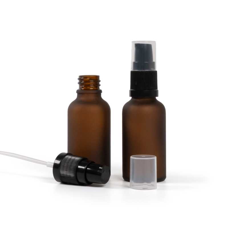 Botella de vidrio ámbar mate, dispensador de loción, 30 ml