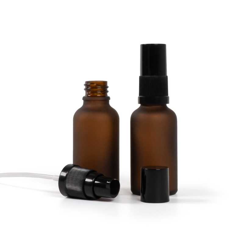 Frasco de vidrio ámbar mate, dispensador de loción negro con tapón negro, 30 ml