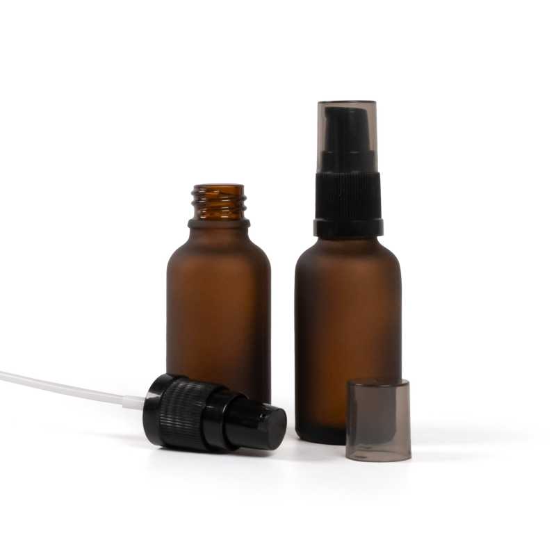 Frasco de vidrio ámbar mate, dispensador de crema con sobretapa ahumada, 30 ml