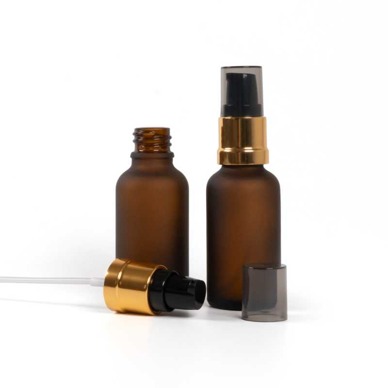 Frasco de vidrio mate, marrón, dispensador negro y dorado brillante con sobretapa ahumada, 30 ml