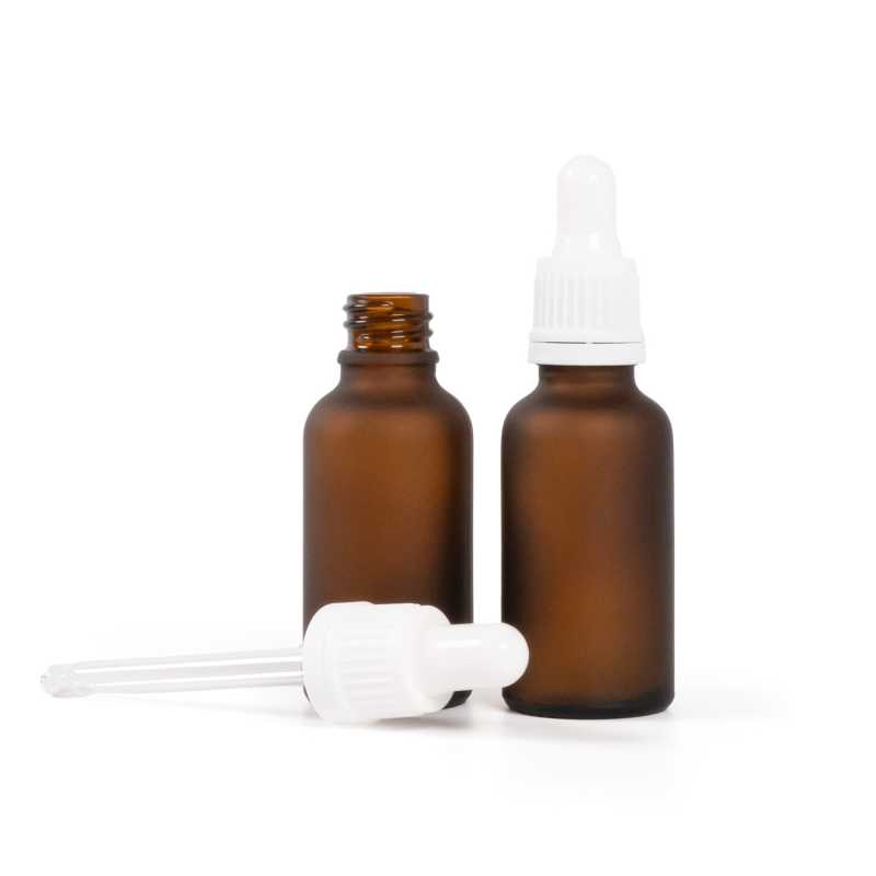 Botella de vidrio ámbar mate, cuentagotas blanco, 30 ml
