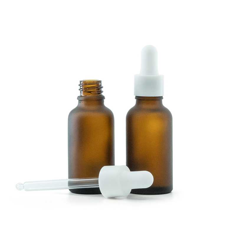 Botella de vidrio ámbar mate, cuentagotas blanco liso mate, 30 ml
