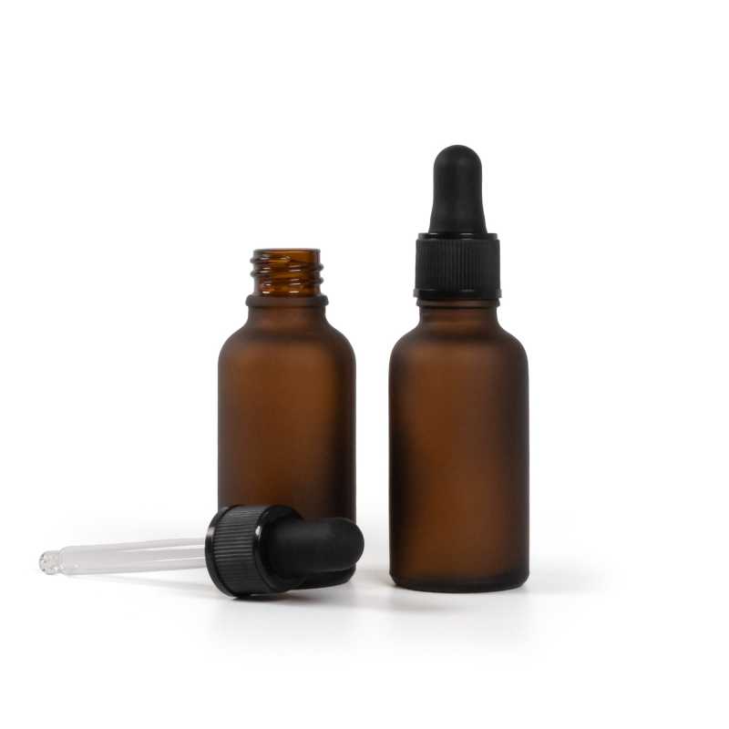 Frasco de vidrio ámbar mate, cuentagotas negro mate, 30 ml