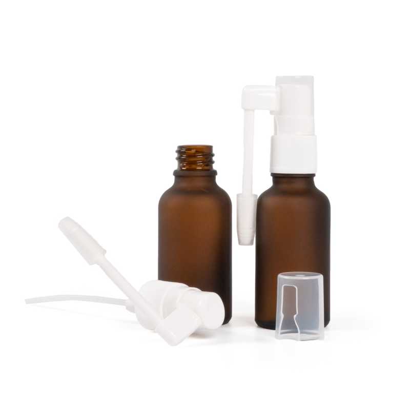 Botella de vidrio ámbar mate, pulverizador oral blanco, 30 ml