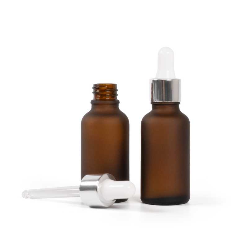 Frasco de vidrio ámbar mate, cuentagotas blanco plateado brillante, 30 ml