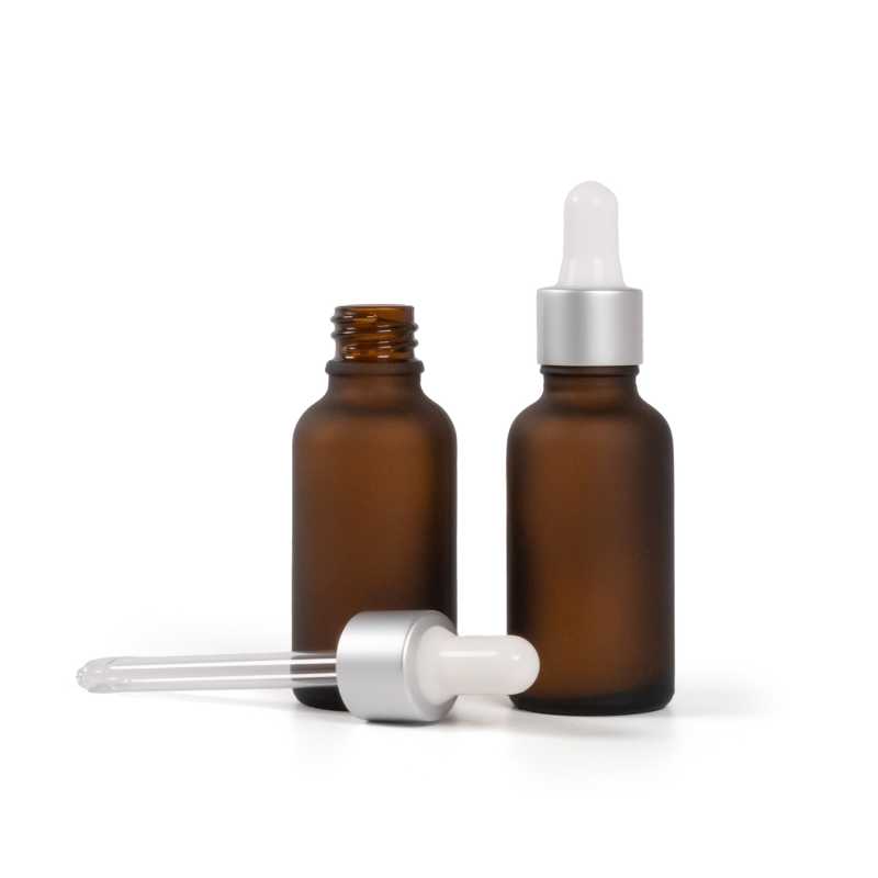 Botella de vidrio, tipo cuentagotas, mate, ámbar, cuentagotas blanco plata mate, 30 ml