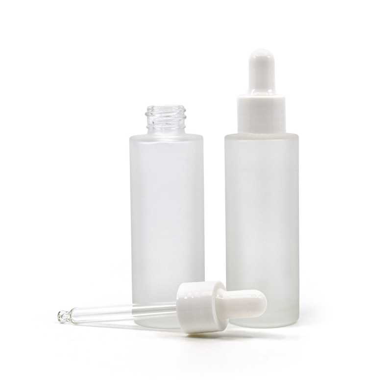Botella de vidrio esmerilado, alta, cuentagotas blanco brillante, 30 ml