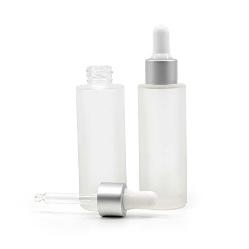 Botella de vidrio esmerilado, alta, cuentagotas blanco plata mate, 30 ml
