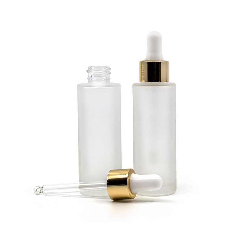 Frasco de vidrio, mate, alto, gotero blanco dorado, 30 ml