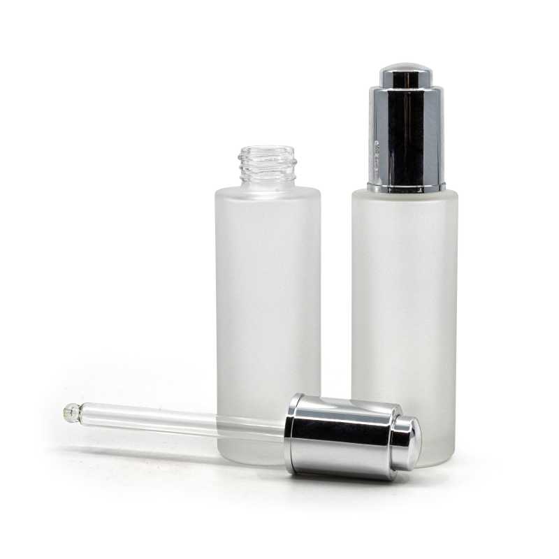 Botella de vidrio, esmerilada, alta, cuentagotas push plateado, 30 ml