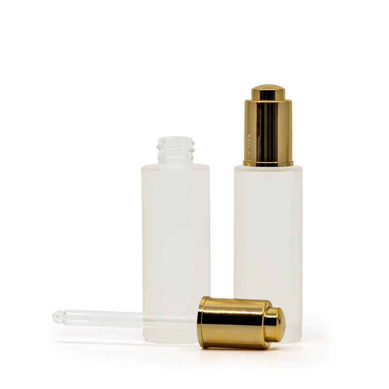 Botella de vidrio, mate, alta, cuentagotas push dorado, 30 ml