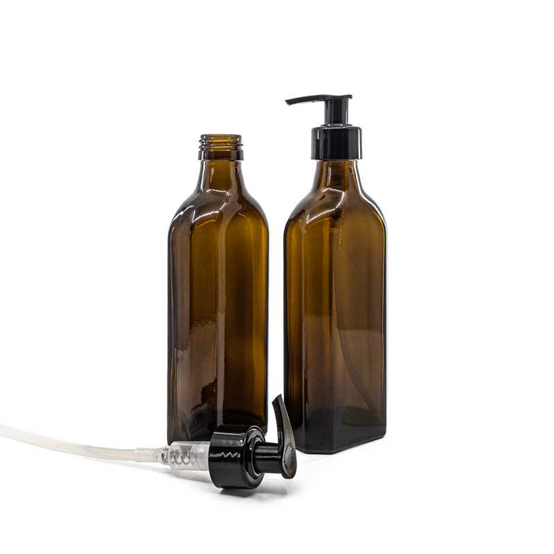 Botella de vidrio ámbar, medicinal, rectangular, 28 mm, 250 ml, dispensador negro, anillo liso