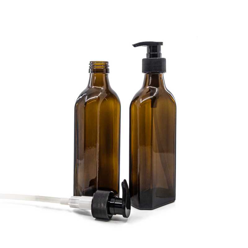 Botella de vidrio ámbar para medicamentos, rectangular, cuello PP28, dispensador negro estriado, 250 ml