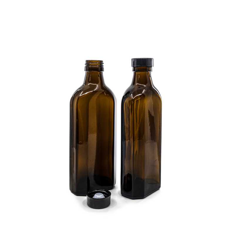 Botella de vidrio ámbar, farmacéutica, rectangular, cuello PP28, tapón negro bajo, 250 ml