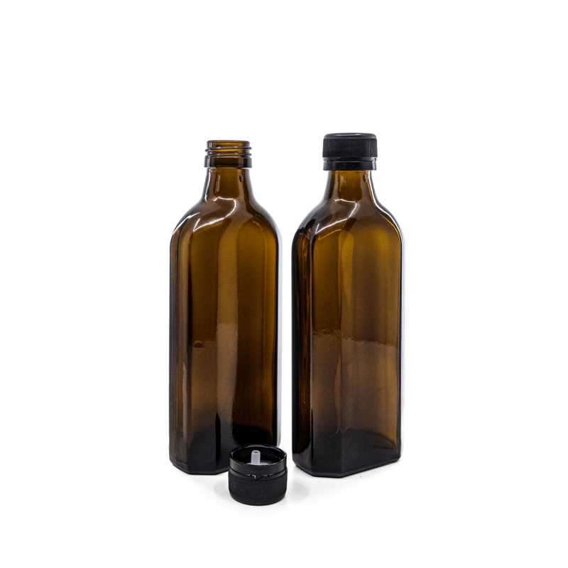 Botella de vidrio ámbar, rectangular, 28 mm, 250 ml, tapón de plástico negro con cuentagotas