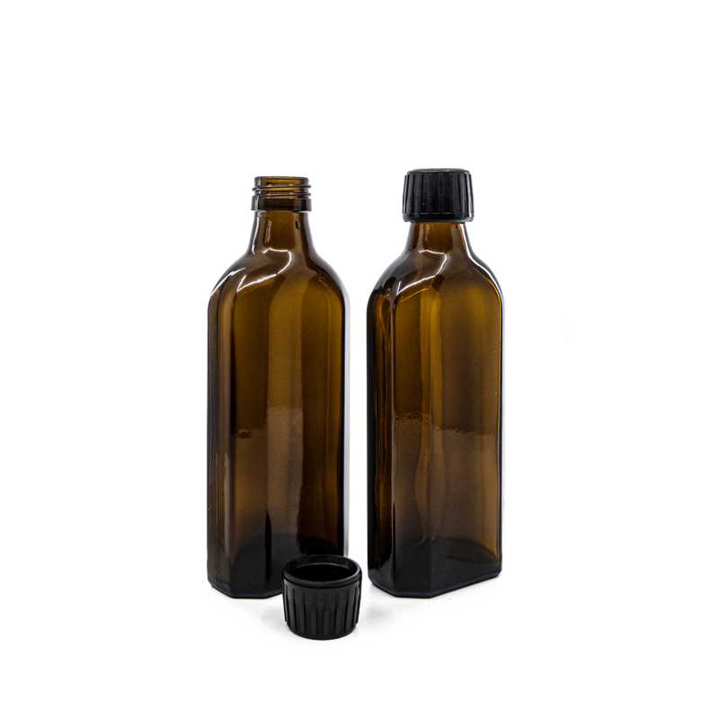 Botella de vidrio ámbar, rectangular, PP28, tapón negro, 250 ml
