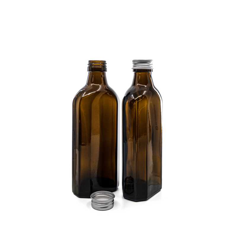 Botella de vidrio ámbar, médica, rectangular, 28 mm, 250 ml, tapón de aluminio plateado
