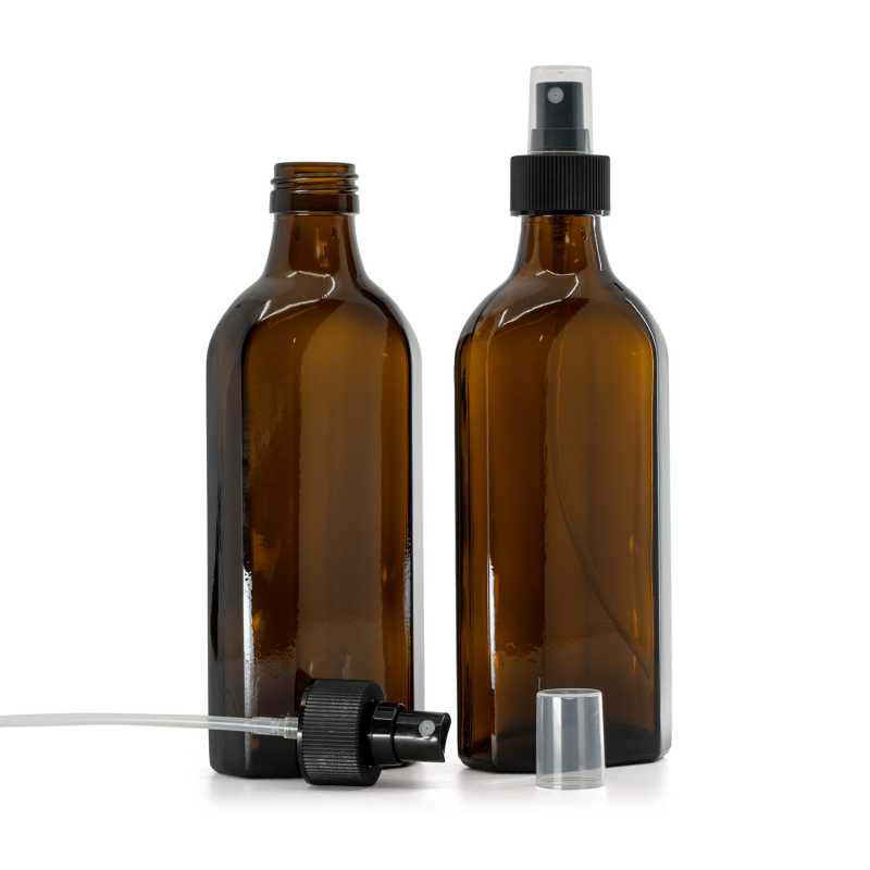 Botella de vidrio ámbar, medicinal, plana, PP28, pulverizador de bruma fina de plástico, negro, anillo estriado, 28/410, 250 ml