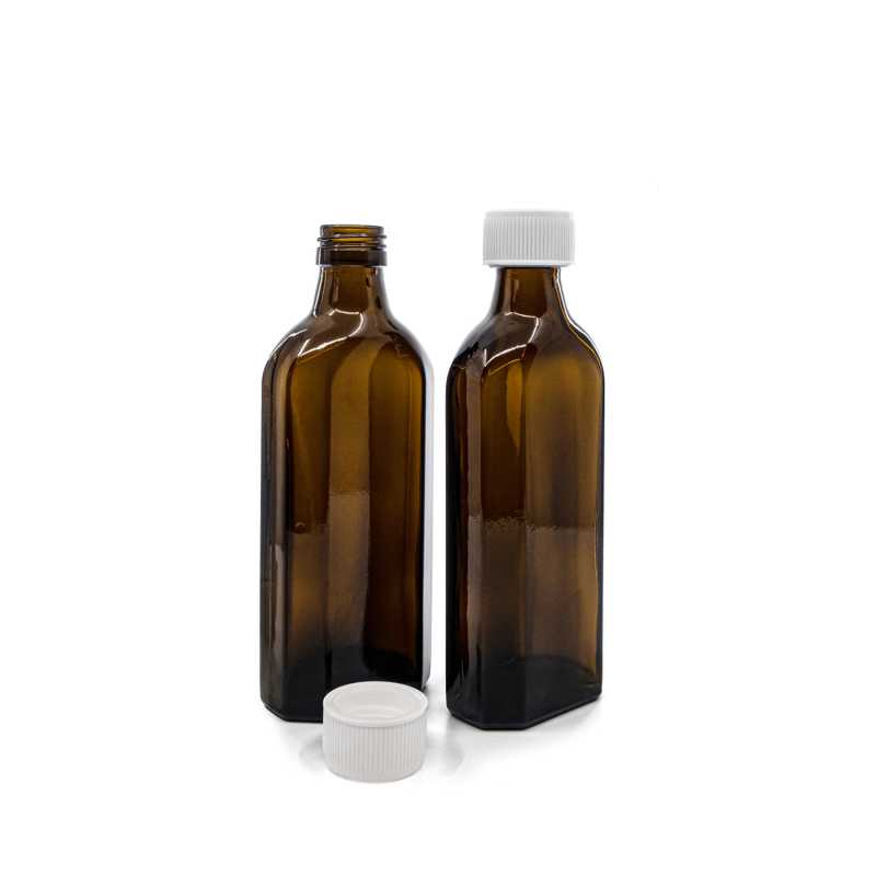 Botella de vidrio marrón para uso médico, rectangular, PP28S, tapón de seguridad infantil blanco, 250 ml