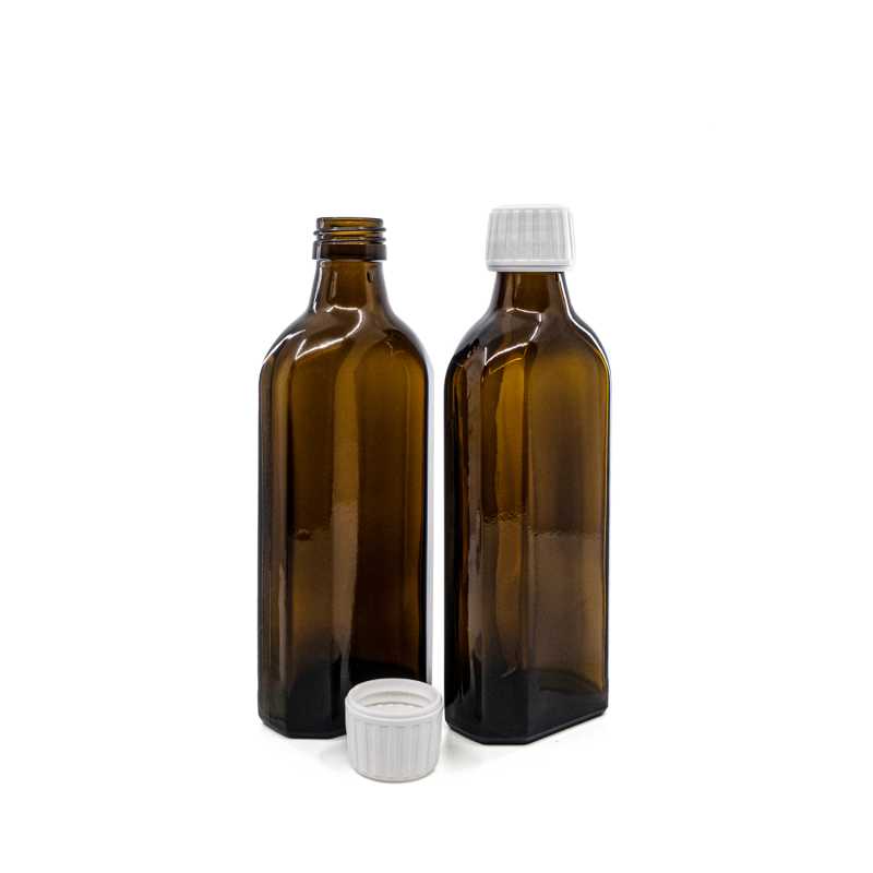 Botella de vidrio marrón para medicamentos, rectangular, PP28S, tapón blanco, 250 ml