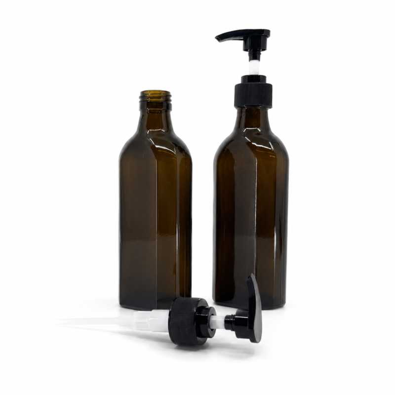 Botella médica de vidrio ámbar, rectangular, PP28S, bomba negra, cuello estriado, 250 ml