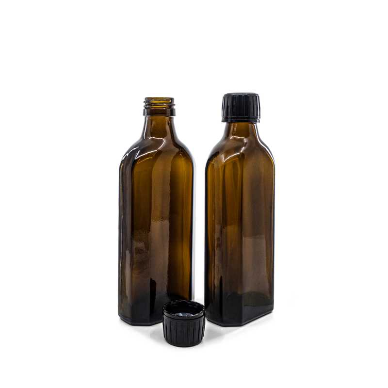 Botella de vidrio marrón para medicamentos, rectangular, PP28S, tapón negro con inserto vertedor, 250 ml