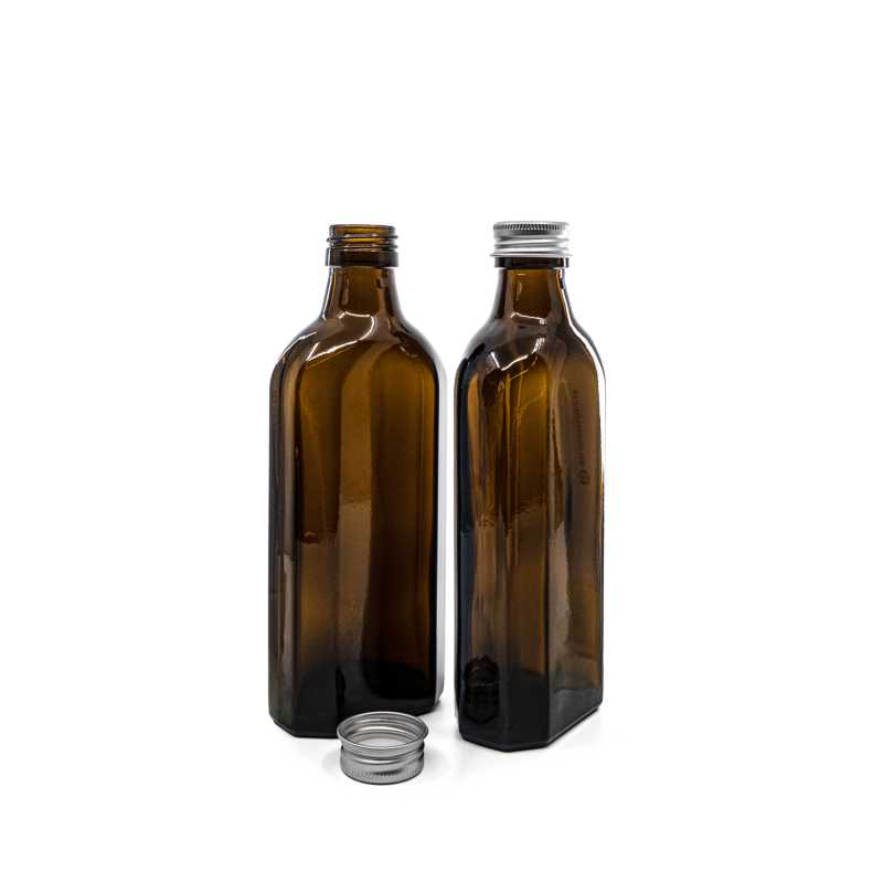 Botella de vidrio ámbar para medicamentos, rectangular, PP28S, tapón de aluminio plateado, 250 ml