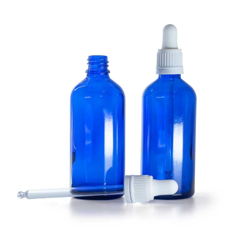 Botella de vidrio, cuentagotas blanco, azul, 100 ml