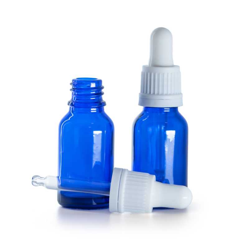 Frasco de vidrio, azul, cuentagotas blanco, 15 ml