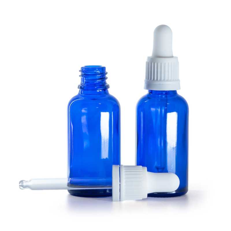 Frasco de vidrio, azul, cuentagotas blanco, 30 ml