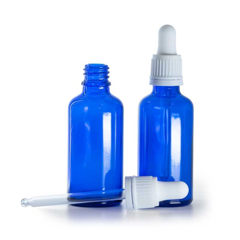 Botella de vidrio, azul, cuentagotas blanco, 50 ml