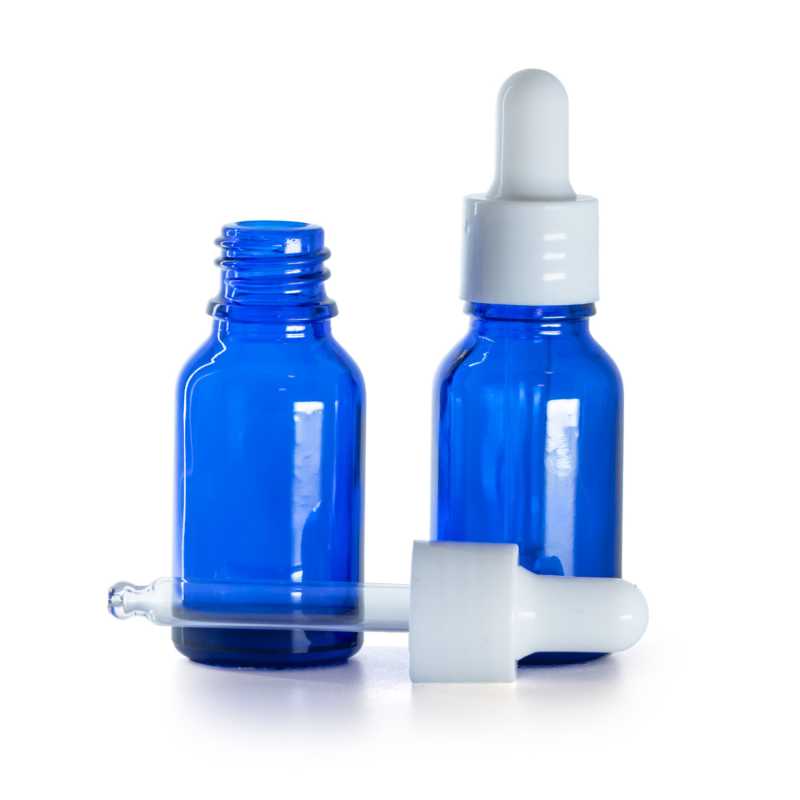 Frasco de vidrio, azul, cuentagotas blanco brillante, 15 ml
