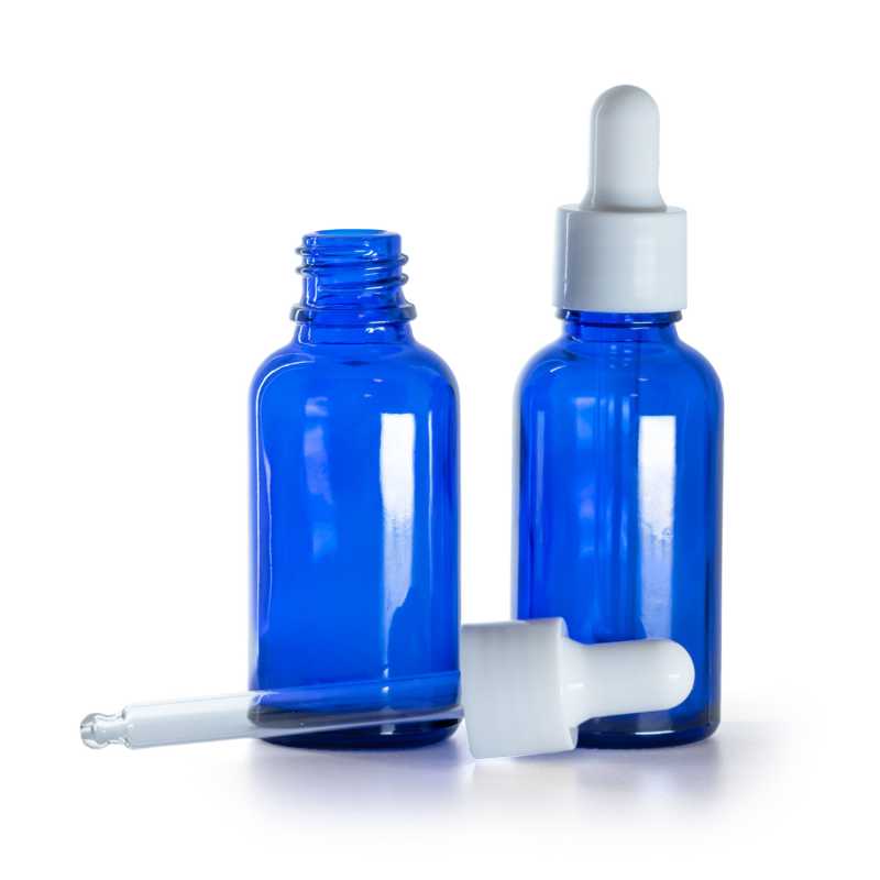 Botella de vidrio, azul, cuentagotas blanco brillante, 30 ml