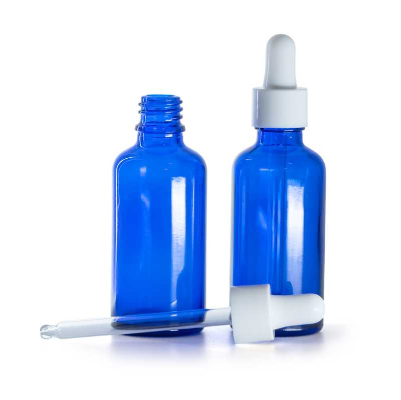 Botella de vidrio azul, cuentagotas blanco brillante, 50 ml