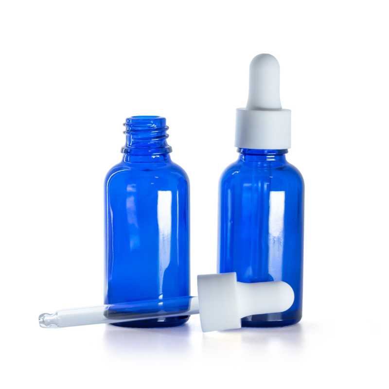 Botella de vidrio, azul, cuentagotas blanco mate liso, 30 ml