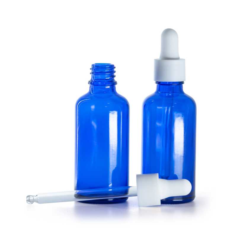 Frasco de vidrio, azul, cuentagotas blanco liso mate, 50 ml