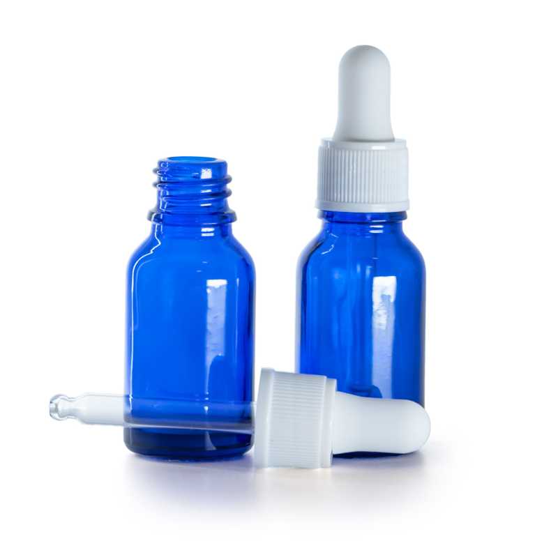 Frasco de vidrio azul, cuentagotas blanco mate, 15 ml