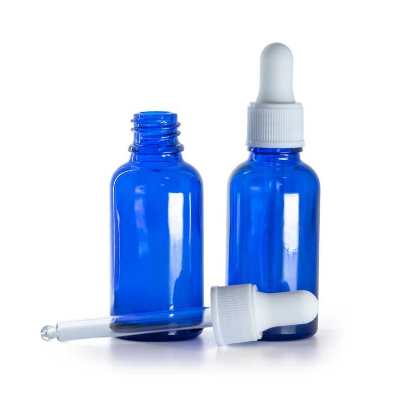 Frasco de vidrio, azul, cuentagotas blanco mate, 30 ml