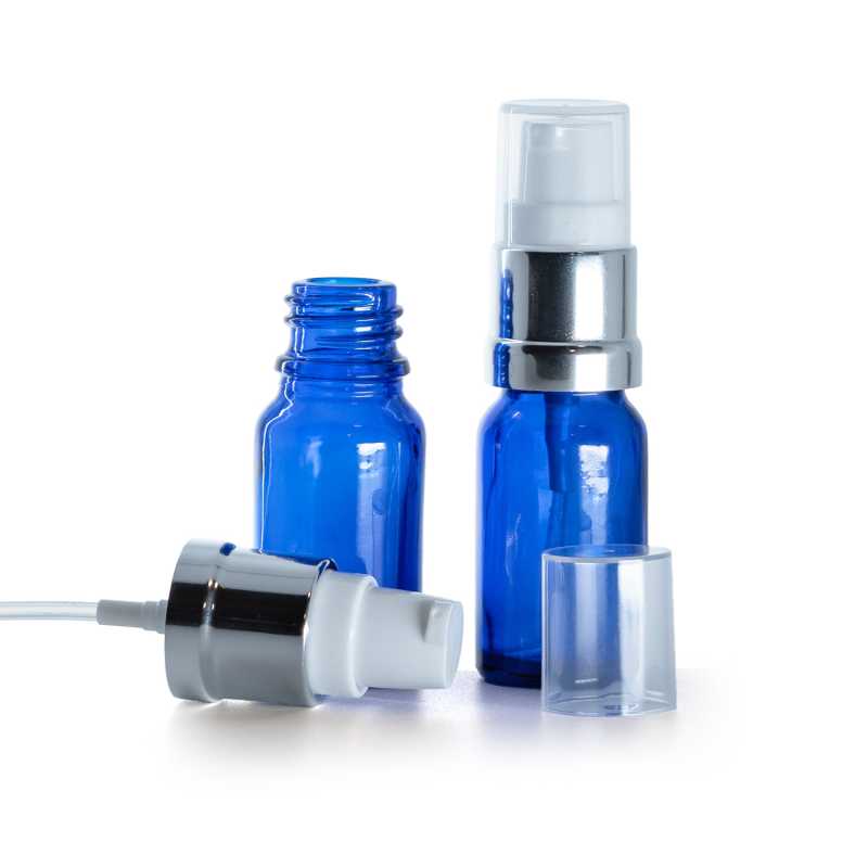 Botella de vidrio, azul, dispensador blanco plateado brillante, 10 ml