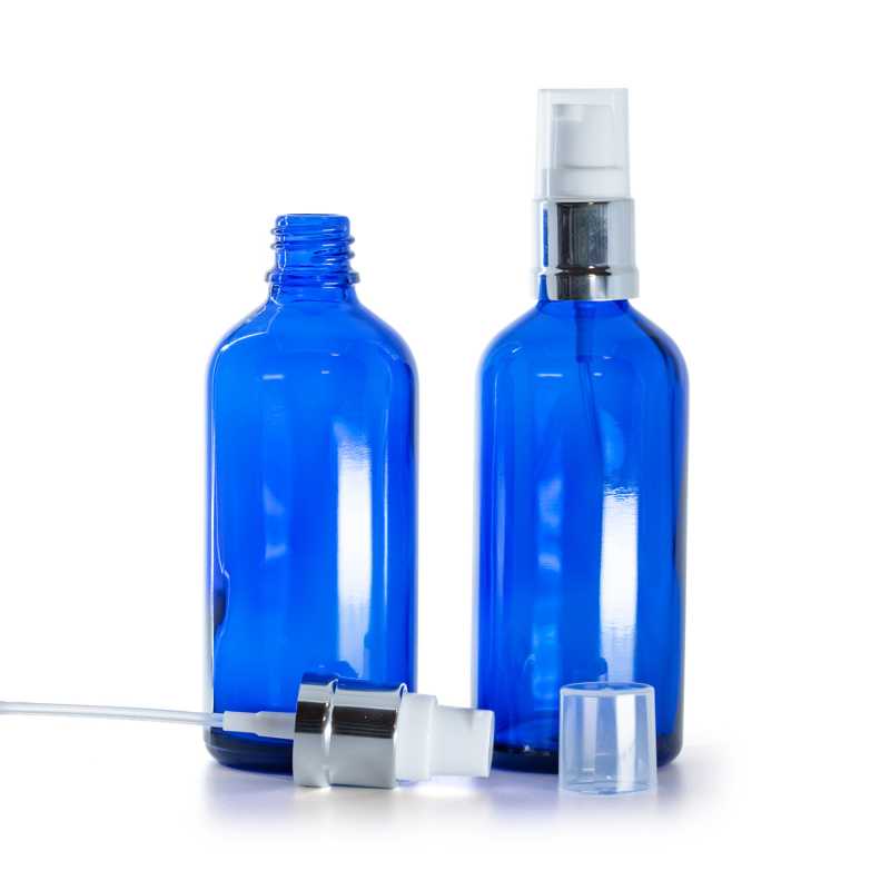 Botella de vidrio, azul, dosificador blanco plateado brillante, 100 ml
