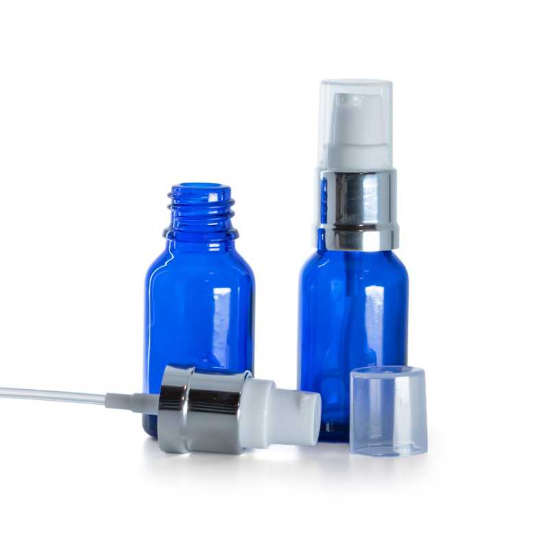 Frasco de vidrio, azul, dispensador blanco plateado brillante, 15 ml