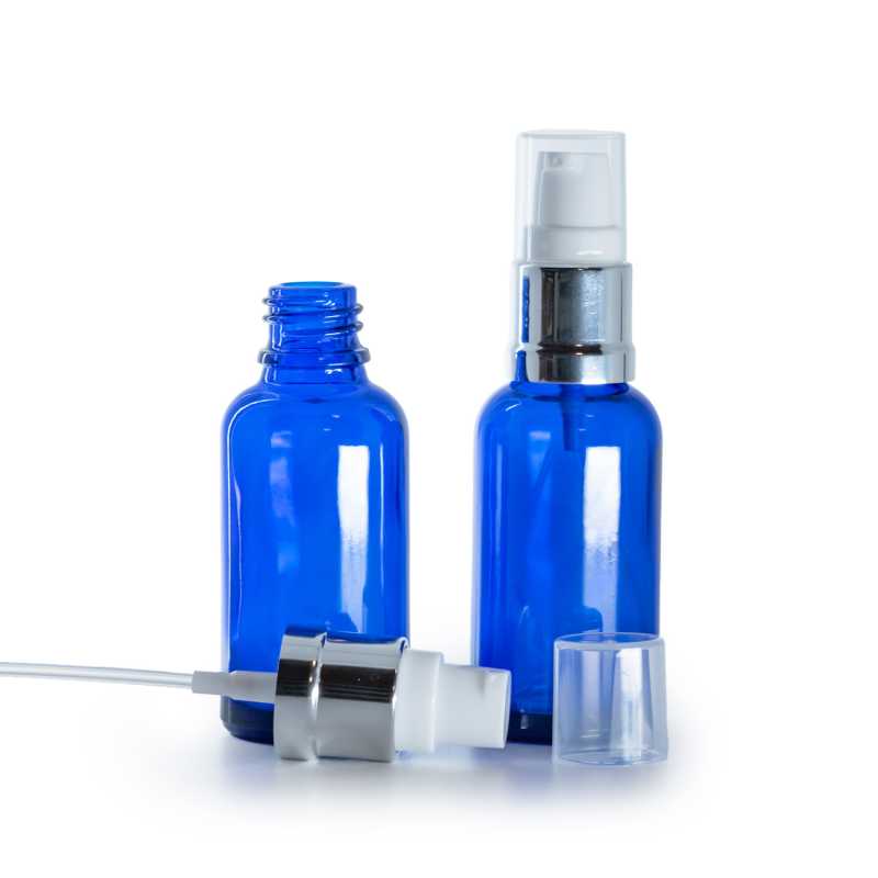 Frasco de vidrio, azul, dosificador blanco plateado brillante, 30 ml