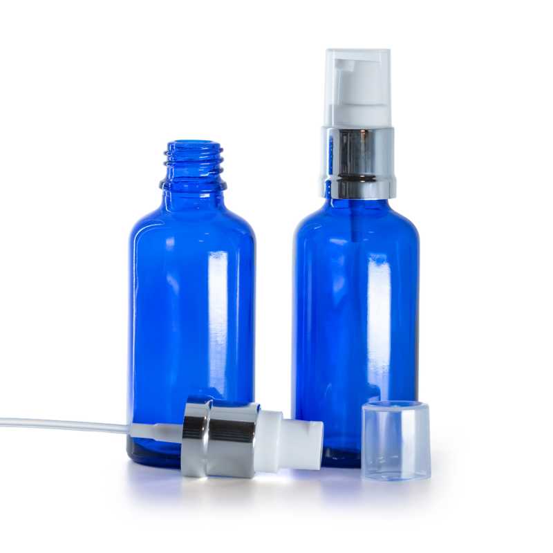 Botella de vidrio, azul, dosificador blanco plateado brillante, 50 ml